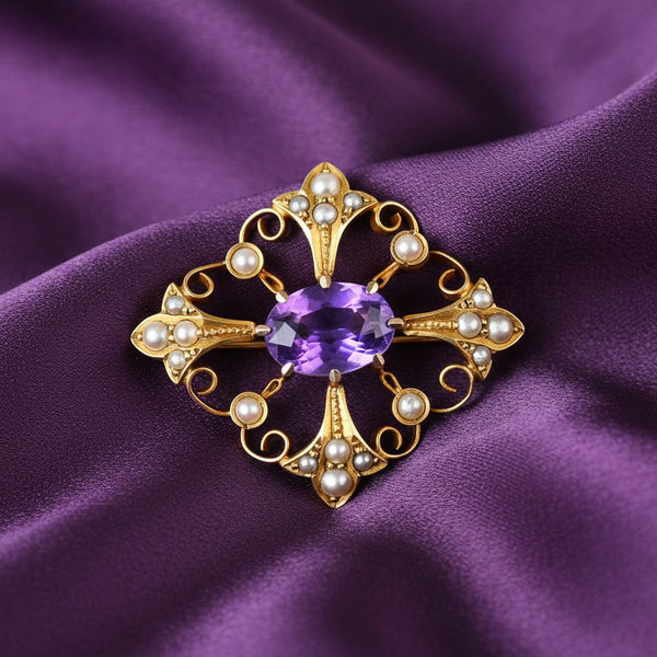 Antique Gold Amethyst & Seed Pearl Convertible Pendant Brooch - Boylerpf