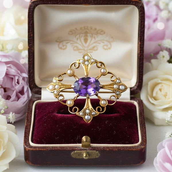 Antique Gold Amethyst & Seed Pearl Convertible Pendant Brooch - Boylerpf