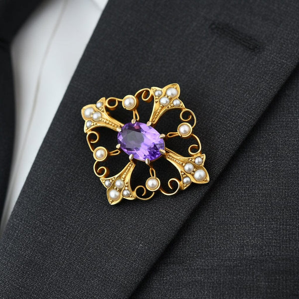 Antique Gold Amethyst & Seed Pearl Convertible Pendant Brooch - Boylerpf