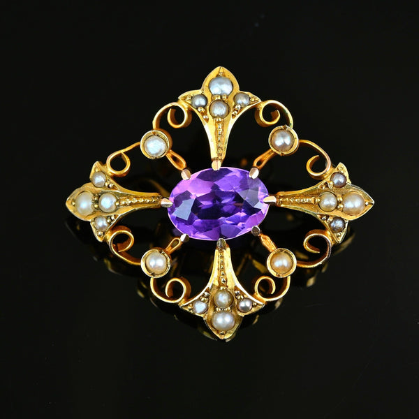 Antique Gold Amethyst & Seed Pearl Convertible Pendant Brooch - Boylerpf