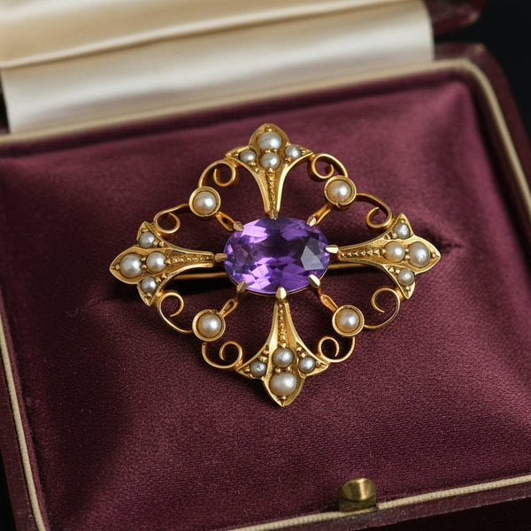 Antique Gold Amethyst & Seed Pearl Convertible Pendant Brooch - Boylerpf