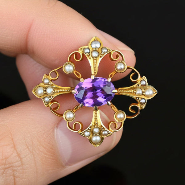 Antique Gold Amethyst & Seed Pearl Convertible Pendant Brooch - Boylerpf