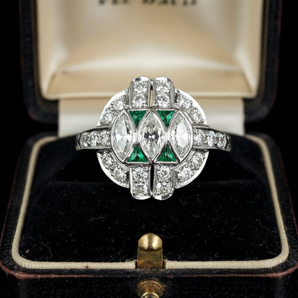 Art Deco Emerald Diamond Ring, Platinum Vintage 1920s - Boylerpf