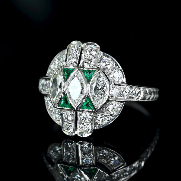 Art Deco Emerald Diamond Ring, Platinum Vintage 1920s - Boylerpf