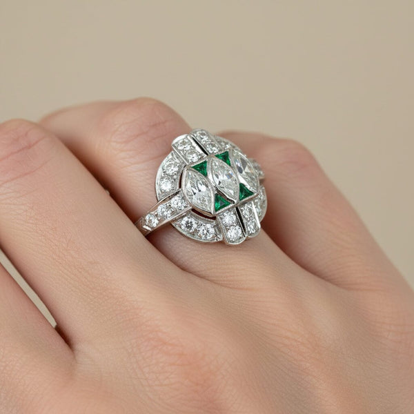 Art Deco Emerald Diamond Ring, Platinum Vintage 1920s - Boylerpf