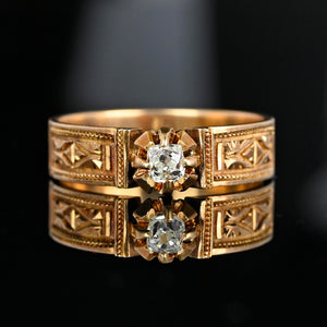 Antique Mine Cut Diamond Solitaire Chased Ring Band in 14K Gold