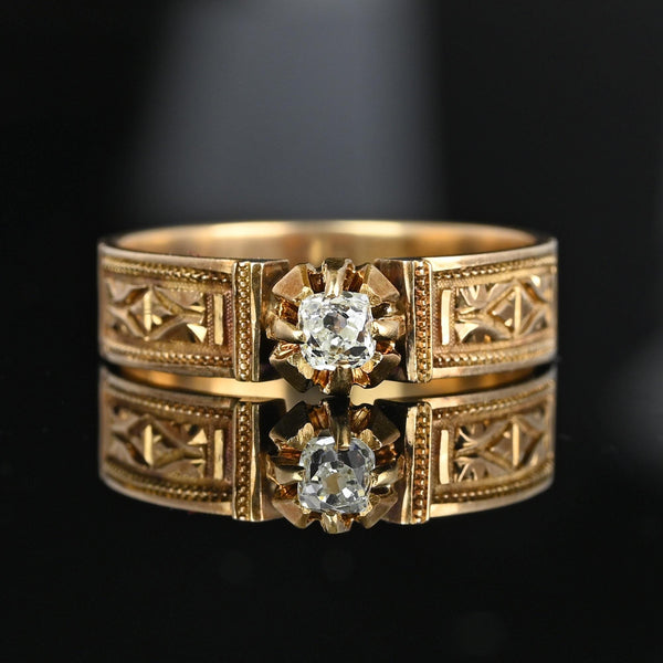 Antique Mine Cut Diamond Solitaire Chased Ring Band in 14K Gold - Boylerpf