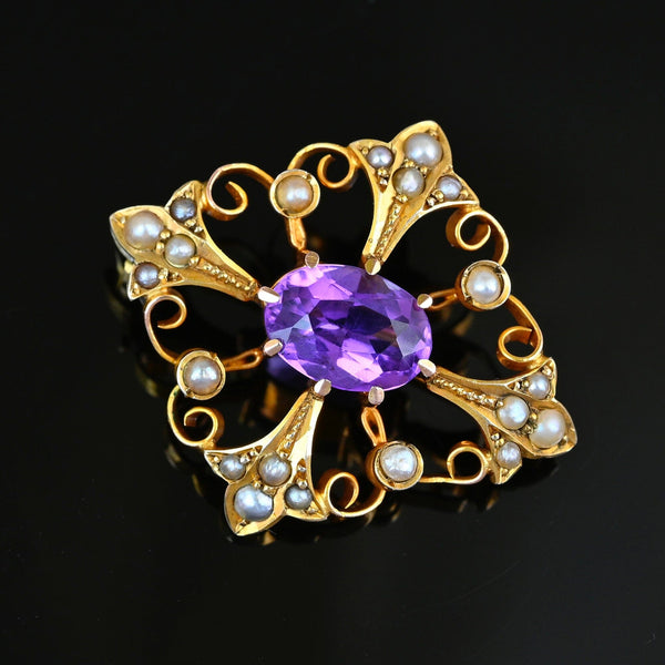 Antique Gold Amethyst & Seed Pearl Convertible Pendant Brooch - Boylerpf