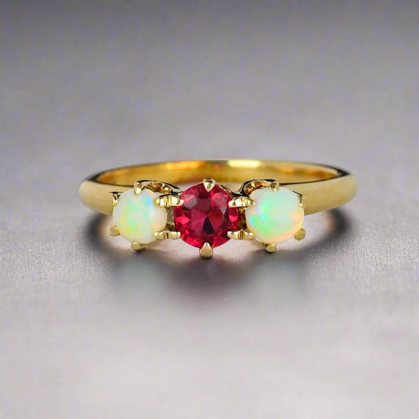 Antique JR Woods 14K Gold Three Stone Ruby Opal Ring - Boylerpf