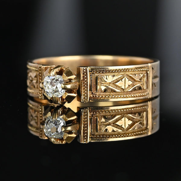 Antique Mine Cut Diamond Solitaire Chased Ring Band in 14K Gold - Boylerpf