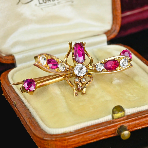 Antique 14K Gold Sapphire & Ruby Fly Insect Brooch - Boylerpf