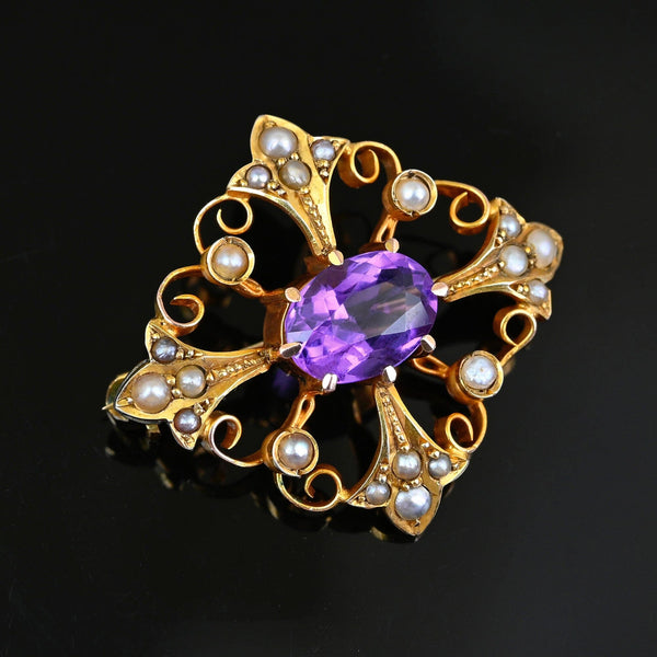 Antique Gold Amethyst & Seed Pearl Convertible Pendant Brooch - Boylerpf