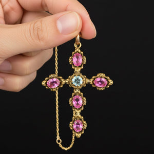 Antique Georgian–Victorian Pink Sapphire & Aquamarine Paste Cross Pendant - Boylerpf