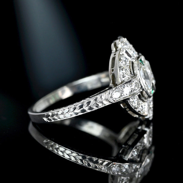 Art Deco Emerald Diamond Ring, Platinum Vintage 1920s - Boylerpf