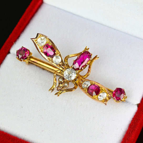 Antique 14K Gold Sapphire & Ruby Fly Insect Brooch - Boylerpf