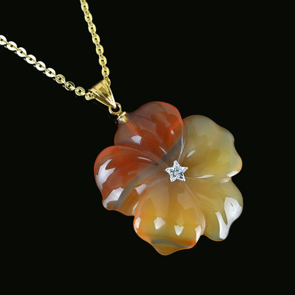 Fine 18K Gold Quartz Star Carved Flower Carnelian Pendant - Boylerpf