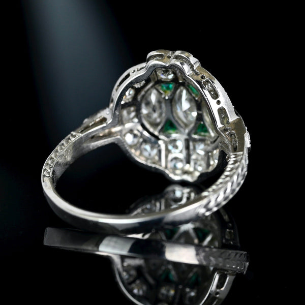 Art Deco Emerald Diamond Ring, Platinum Vintage 1920s - Boylerpf