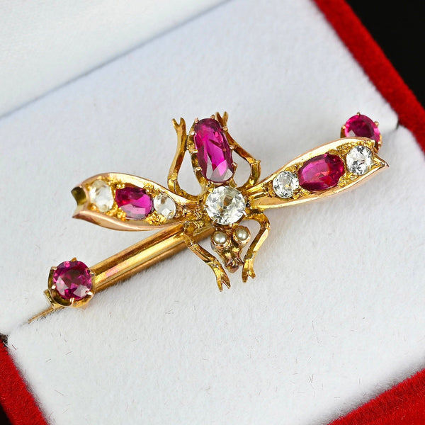 Antique 14K Gold Sapphire & Ruby Fly Insect Brooch - Boylerpf