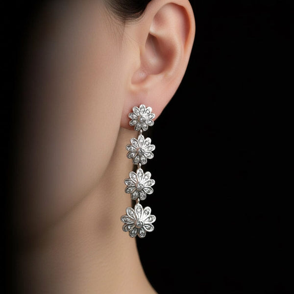 Antique Silver Rose Cut Diamond Dangle Earrings, 2 1/4 Inches