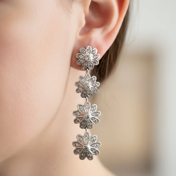 Antique Silver Rose Cut Diamond Dangle Earrings, 2 1/4 Inches