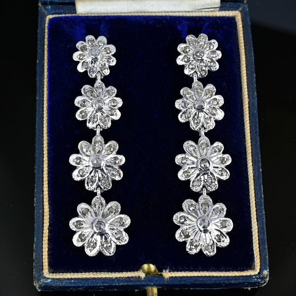 Antique Silver Rose Cut Diamond Dangle Earrings, 2 1/4 Inches