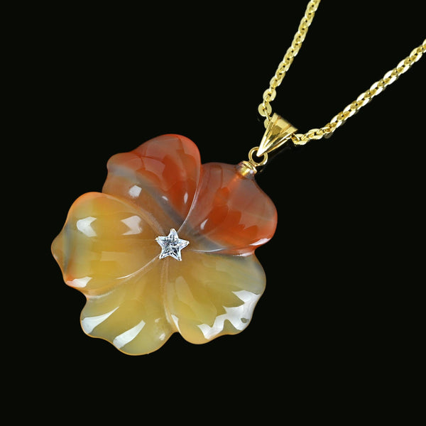 Fine 18K Gold Quartz Star Carved Flower Carnelian Pendant - Boylerpf