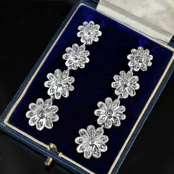 Antique Silver Rose Cut Diamond Dangle Earrings, 2 1/4 Inches