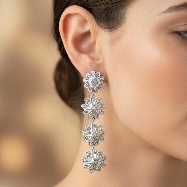 Antique Silver Rose Cut Diamond Dangle Earrings, 2 1/4 Inches