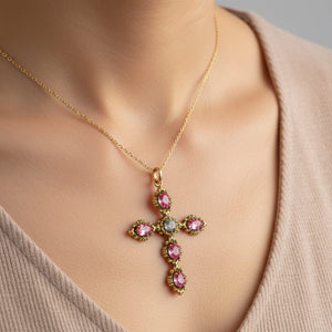 Antique Georgian–Victorian Pink Sapphire & Aquamarine Paste Cross Pendant - Boylerpf
