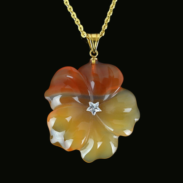 Fine 18K Gold Quartz Star Carved Flower Carnelian Pendant - Boylerpf