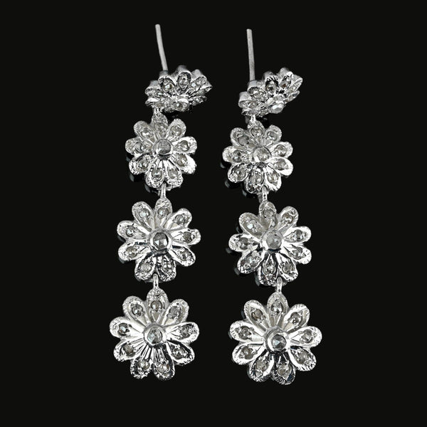 Antique Silver Rose Cut Diamond Dangle Earrings, 2 1/4 Inches