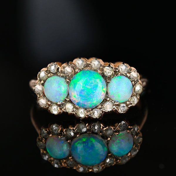 Victorian Opal & Rose Cut Diamond Halo Ring 14K Gold - Boylerpf