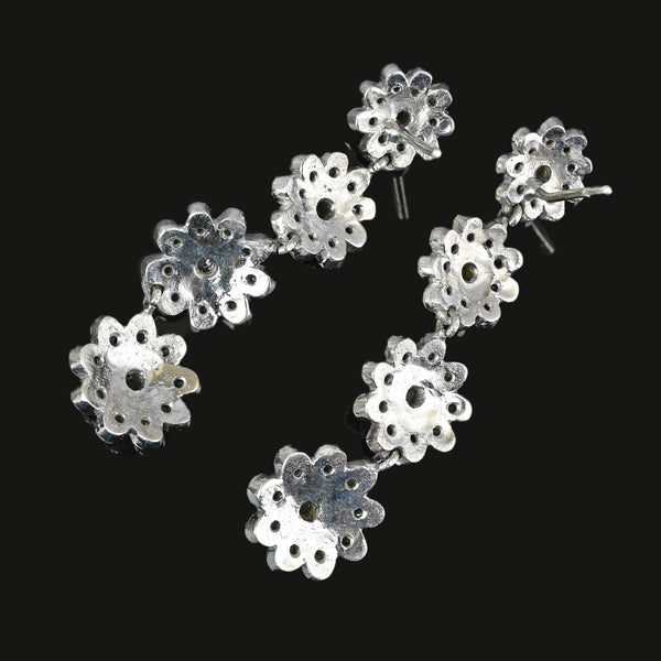 Antique Silver Rose Cut Diamond Dangle Earrings, 2 1/4 Inches