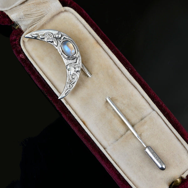 Vintage Silver Moonstone Crescent Moon Stick Pin Brooch - Boylerpf