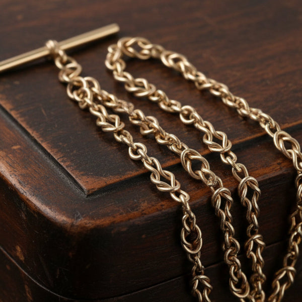 Antique 9K Gold Double Albert Love Knot Watch Chain Necklace