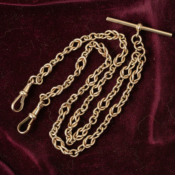 Antique 9K Gold Double Albert Love Knot Watch Chain Necklace