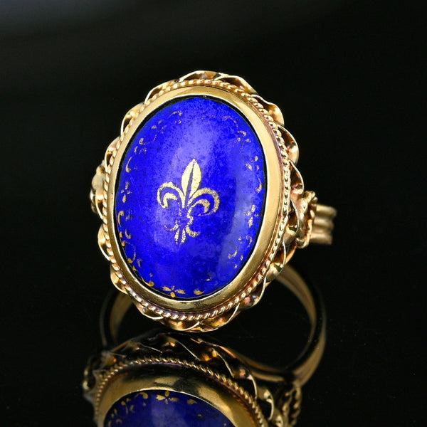 Vintage 14K Gold Cobalt Blue Enamel Fleur De Lis Ring - Boylerpf