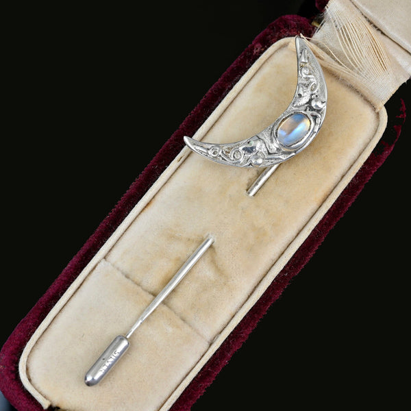 Vintage Silver Moonstone Crescent Moon Stick Pin Brooch - Boylerpf