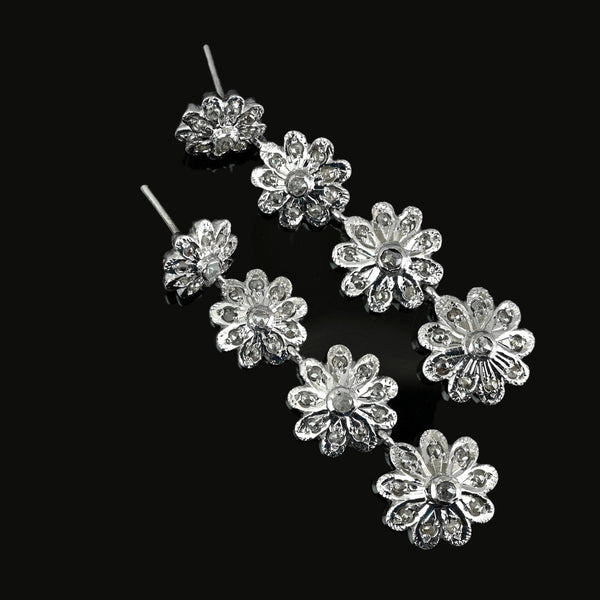 Antique Silver Rose Cut Diamond Dangle Earrings, 2 1/4 Inches