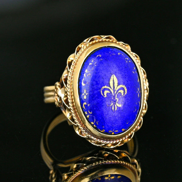 Vintage 14K Gold Cobalt Blue Enamel Fleur De Lis Ring - Boylerpf