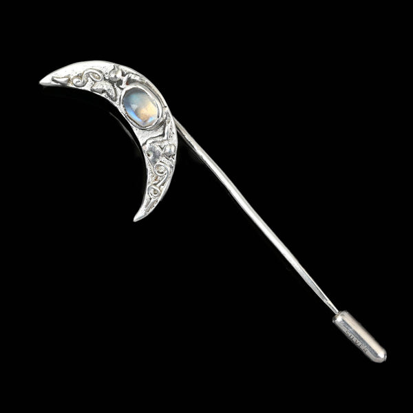 Vintage Silver Moonstone Crescent Moon Stick Pin Brooch - Boylerpf