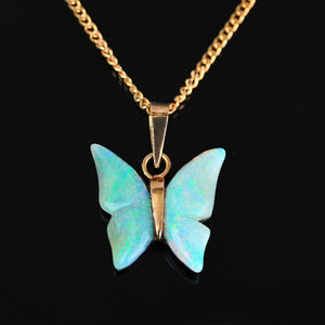 Vintage 9K Gold Carved Opal Butterfly Pendant Necklace - Boylerpf