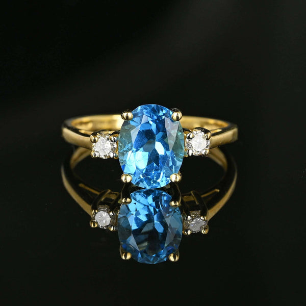 Vintage Swiss Blue Topaz Solitaire Diamond Ring in 14K Gold - Boylerpf