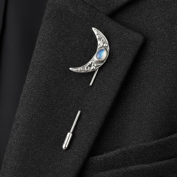 Vintage Silver Moonstone Crescent Moon Stick Pin Brooch - Boylerpf