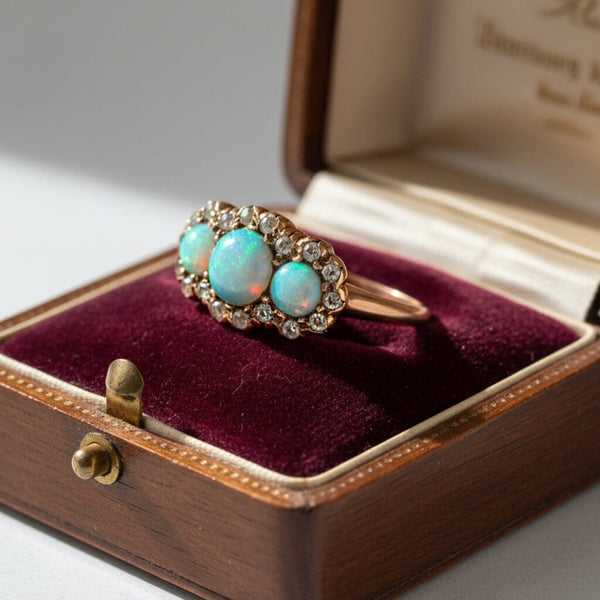 Victorian Opal & Rose Cut Diamond Halo Ring 14K Gold - Boylerpf