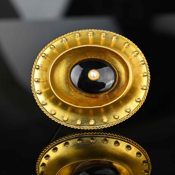 Antique Bloomed Gold Gilt Pearl Onyx Locket Brooch - Boylerpf