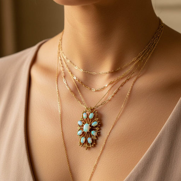 Vintage Opal Pendant Brooch 14K Gold Edwardian Style