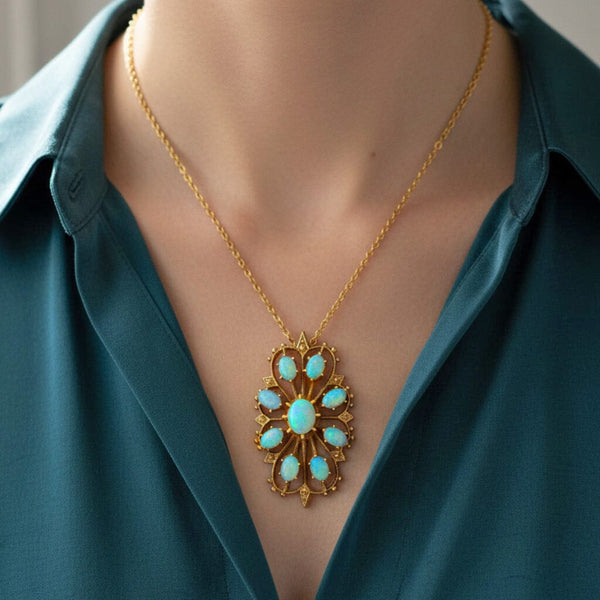 Vintage Opal Pendant Brooch 14K Gold Edwardian Style