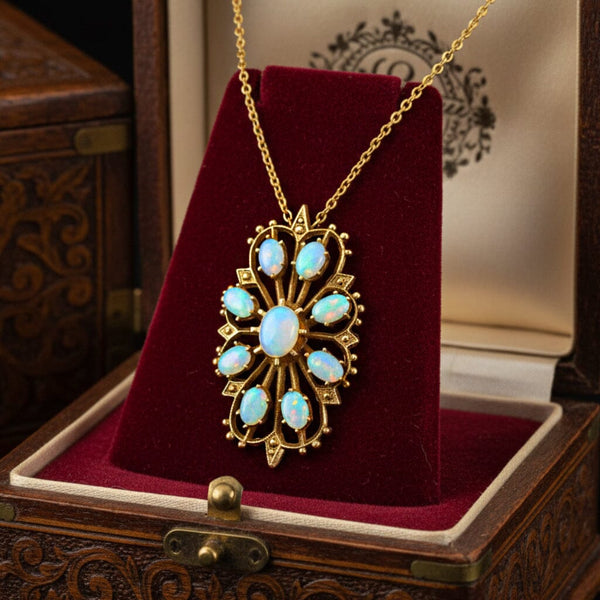 Vintage Opal Pendant Brooch 14K Gold Edwardian Style