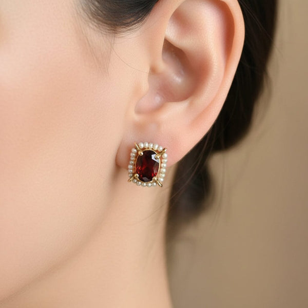Vintage 14K Gold Seed Pearl Halo Garnet Stud Earrings